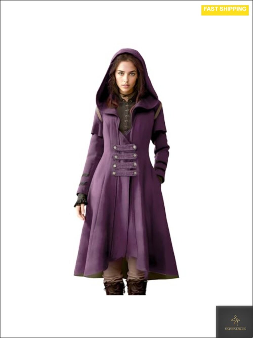 Victorian Gothic Maxi Coat Hooded Long Sleeve with Waist Buckle Detail